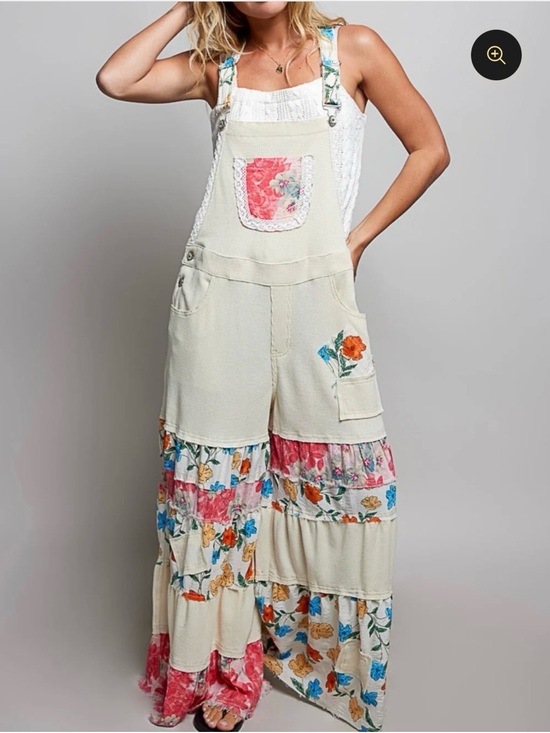 POL Pants - POL Cream Floral Patchwork Overalls Jumpsuit with Red & Blue Accents